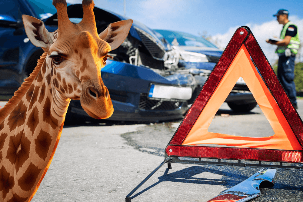 Viltolycka / djurkollision, bildmontage med skadad bil och djur